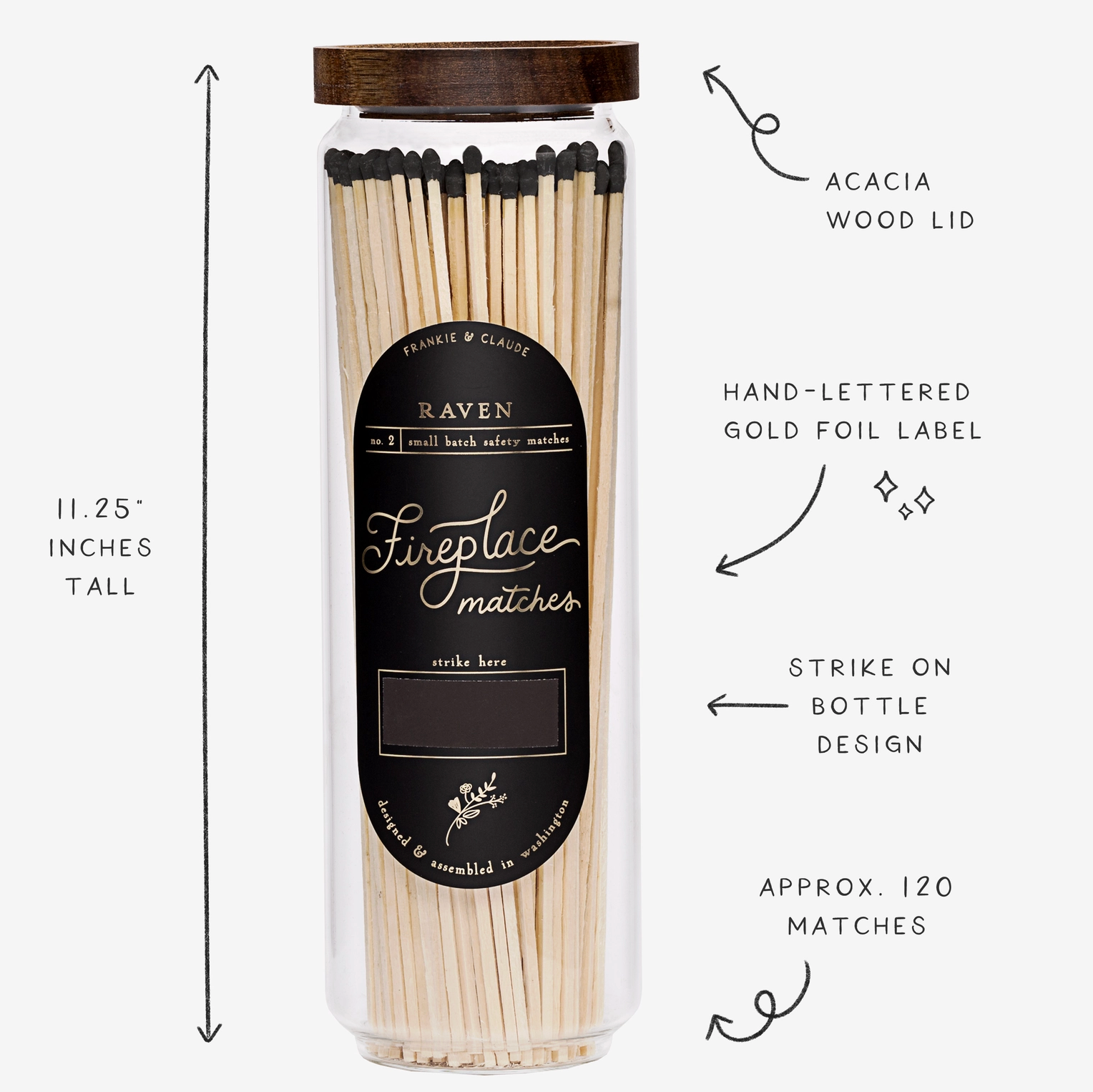 Black Fireplace Matches in Wood Lid Jar